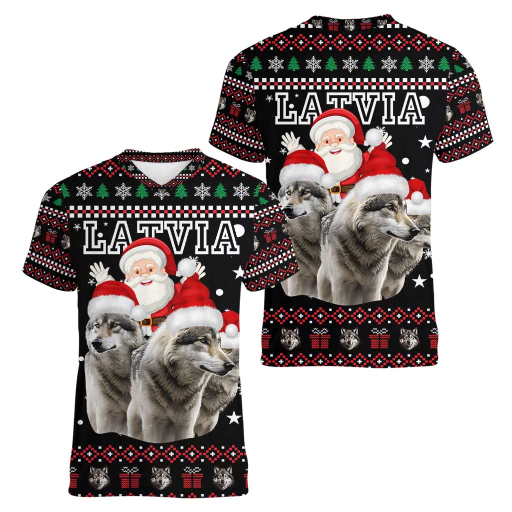 Latvia Christmas Women V-Neck T-Shirt with Santa Claus and Wolves in Holiday Pattern Design - Wonder Print Shop