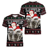 Latvia Christmas Women V-Neck T-Shirt with Santa Claus and Wolves in Holiday Pattern Design - Wonder Print Shop