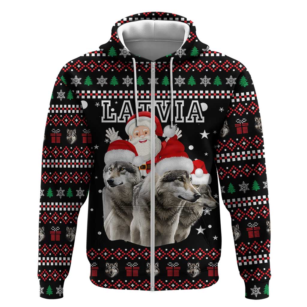 Latvia Christmas Zip Hoodie with Santa Claus and Wolves in Holiday Pattern Design - Wonder Print Shop