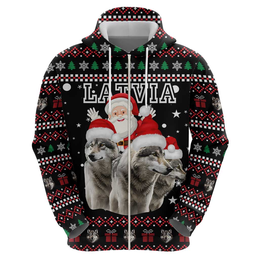 Latvia Christmas Zip Hoodie with Santa Claus and Wolves in Holiday Pattern Design - Wonder Print Shop