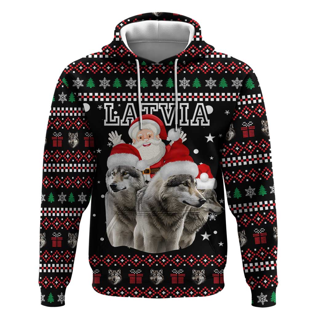 Latvia Christmas Zip Hoodie with Santa Claus and Wolves in Holiday Pattern Design - Wonder Print Shop