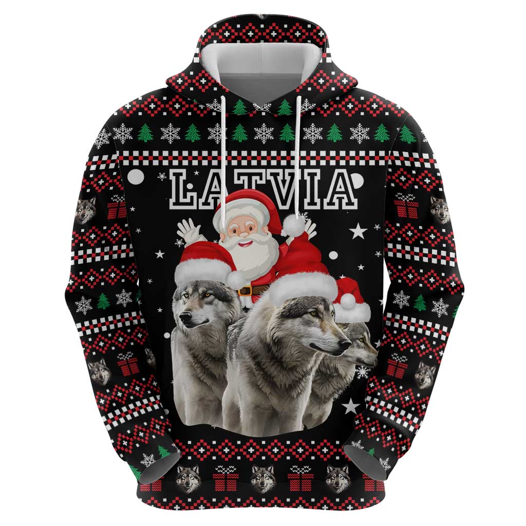 Latvia Christmas Zip Hoodie with Santa Claus and Wolves in Holiday Pattern Design - Wonder Print Shop
