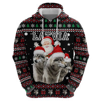 Latvia Christmas Zip Hoodie with Santa Claus and Wolves in Holiday Pattern Design - Wonder Print Shop