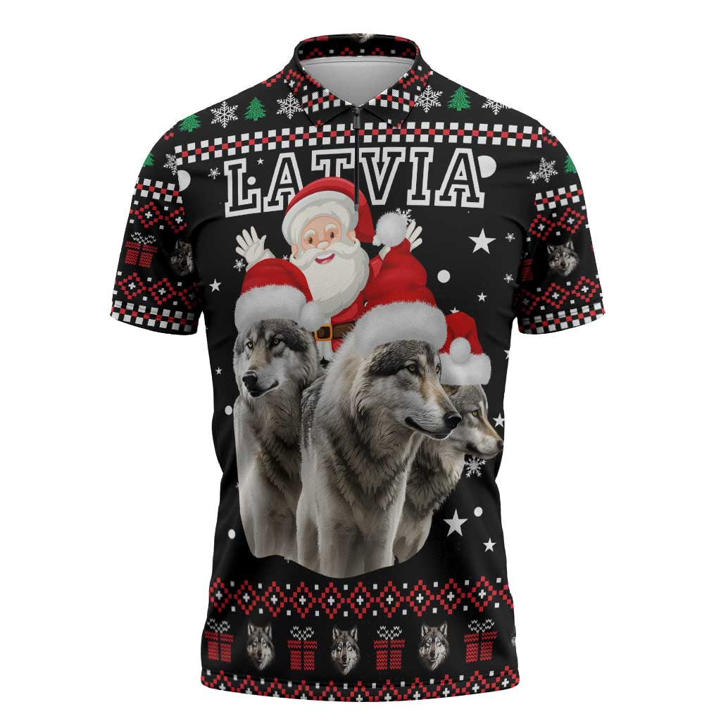 Latvia Christmas Zipper Polo Shirt with Santa Claus and Wolves in Holiday Pattern Design - Wonder Print Shop