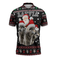 Latvia Christmas Zipper Polo Shirt with Santa Claus and Wolves in Holiday Pattern Design - Wonder Print Shop