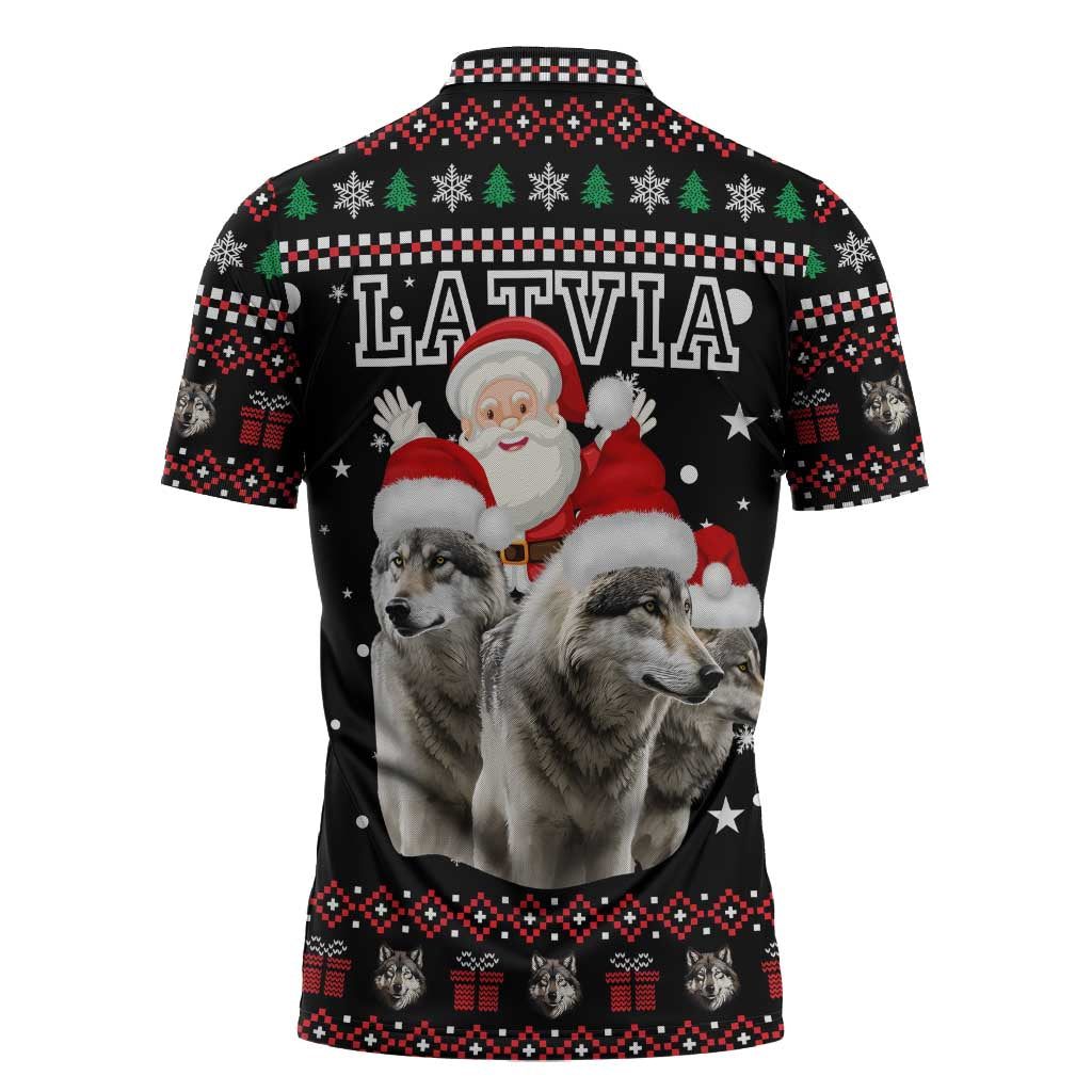 Latvia Christmas Zipper Polo Shirt with Santa Claus and Wolves in Holiday Pattern Design - Wonder Print Shop
