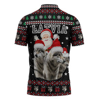 Latvia Christmas Zipper Polo Shirt with Santa Claus and Wolves in Holiday Pattern Design - Wonder Print Shop