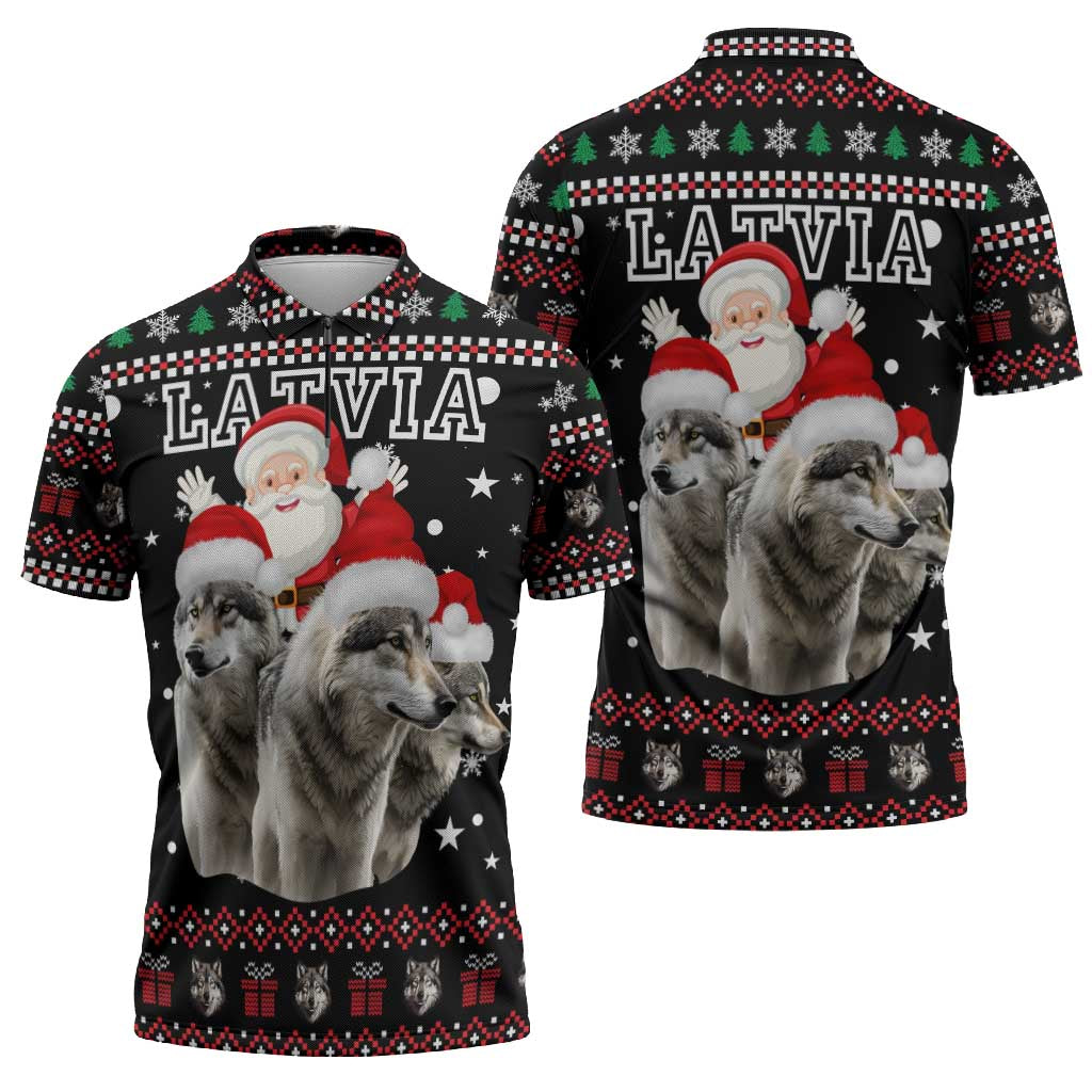 Latvia Christmas Zipper Polo Shirt with Santa Claus and Wolves in Holiday Pattern Design - Wonder Print Shop