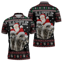 Latvia Christmas Zipper Polo Shirt with Santa Claus and Wolves in Holiday Pattern Design - Wonder Print Shop