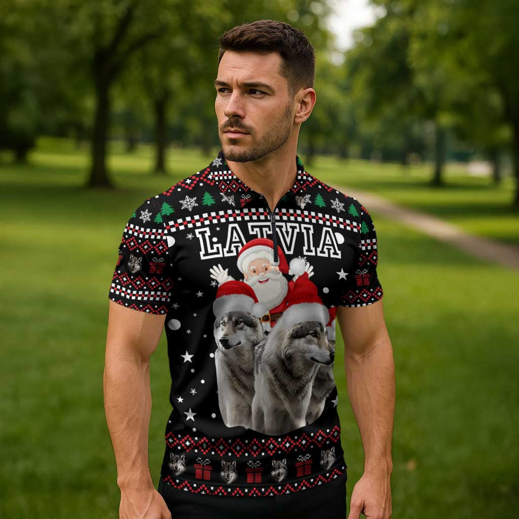 Latvia Christmas Zipper Polo Shirt with Santa Claus and Wolves in Holiday Pattern Design - Wonder Print Shop