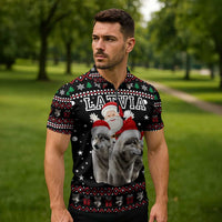 Latvia Christmas Zipper Polo Shirt with Santa Claus and Wolves in Holiday Pattern Design - Wonder Print Shop