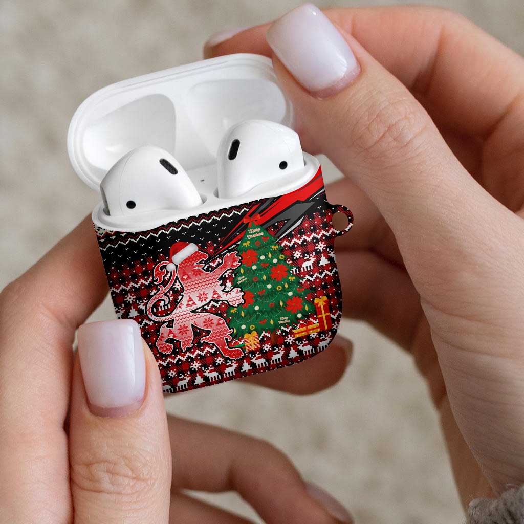 Latvia Christmas AirPods Case with Red Lion, Holiday Tree, and Nordic Pattern Design - Wonder Print Shop