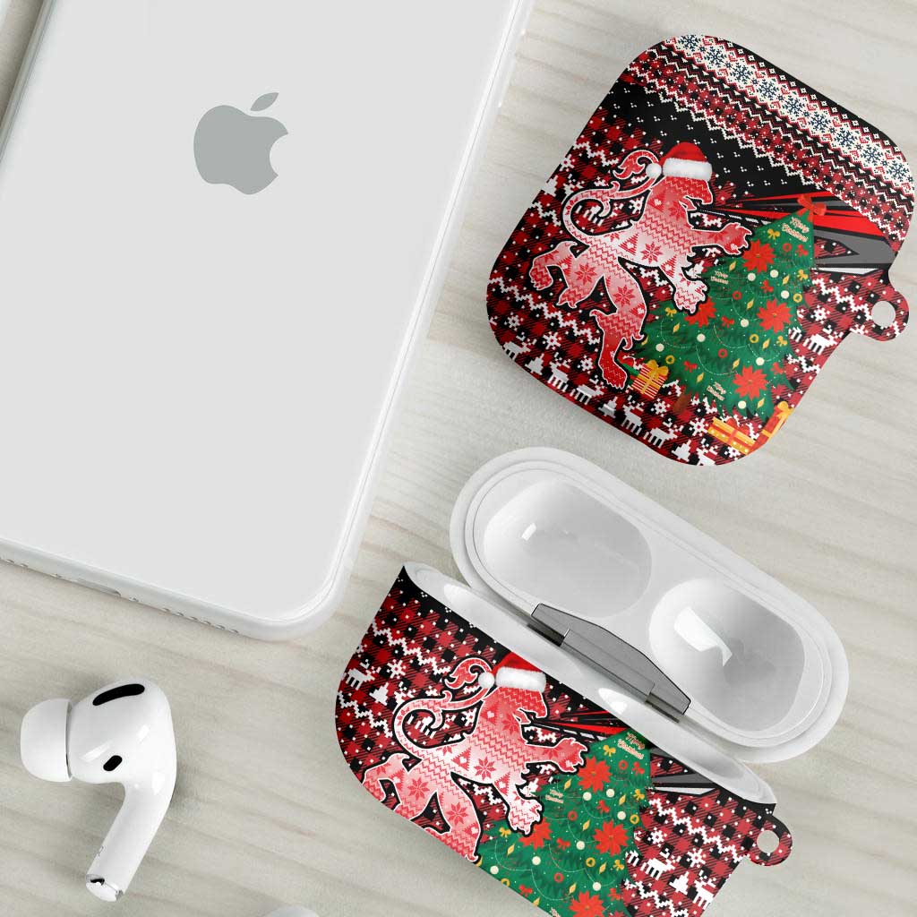 Latvia Christmas AirPods Case with Red Lion, Holiday Tree, and Nordic Pattern Design - Wonder Print Shop