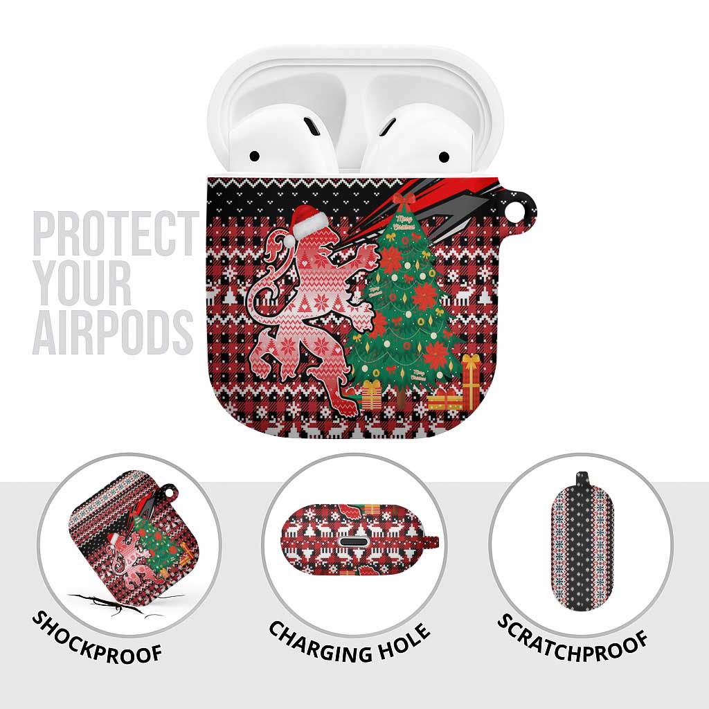 Latvia Christmas AirPods Case with Red Lion, Holiday Tree, and Nordic Pattern Design - Wonder Print Shop