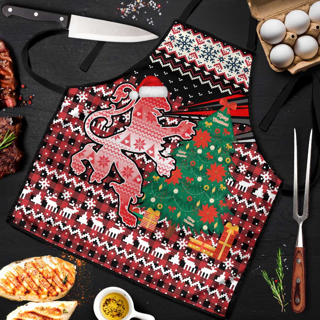 Latvia Christmas Apron with Red Lion, Holiday Tree, and Nordic Pattern Design - Wonder Print Shop