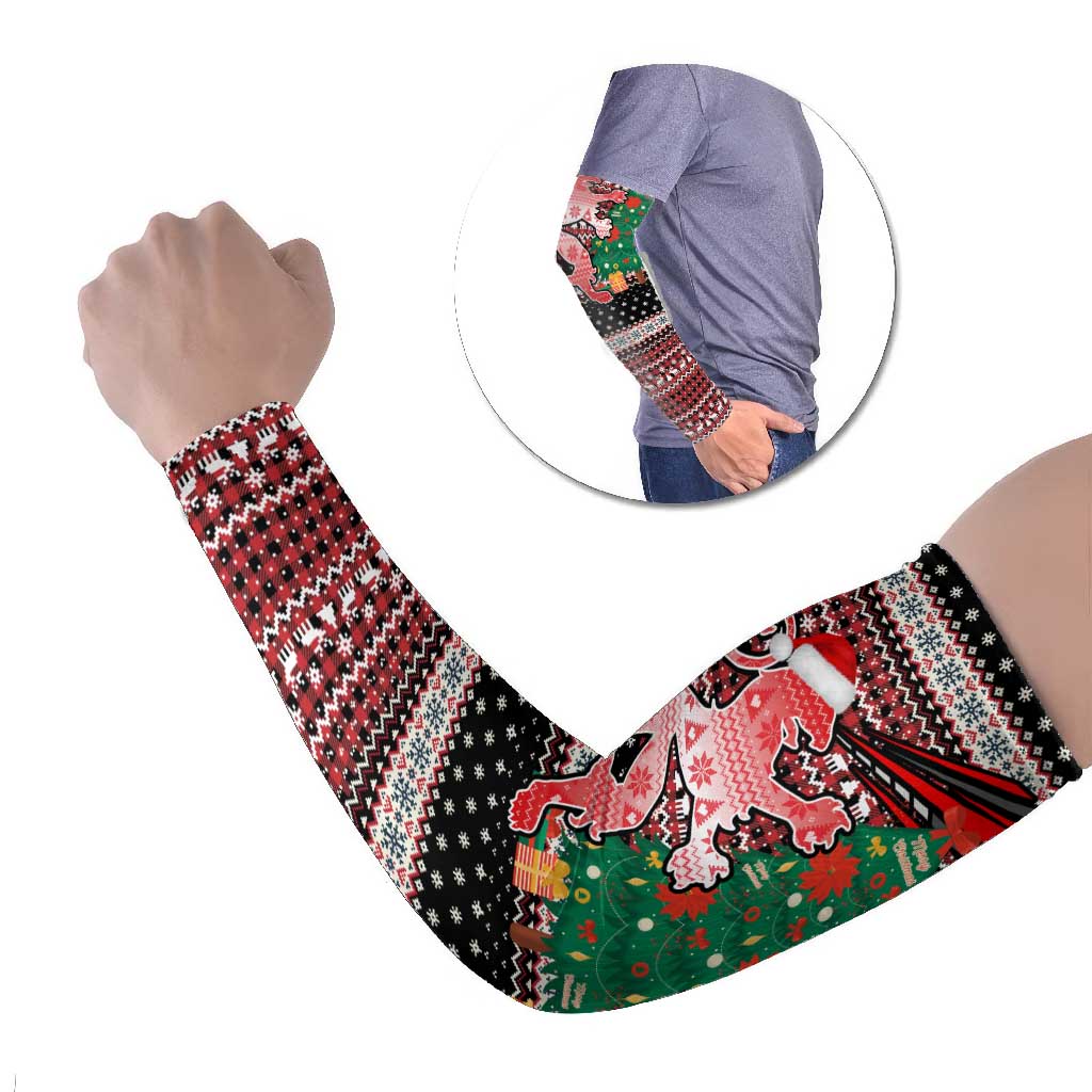 Latvia Christmas Arm Sleeves with Red Lion, Holiday Tree, and Nordic Pattern Design - Wonder Print Shop