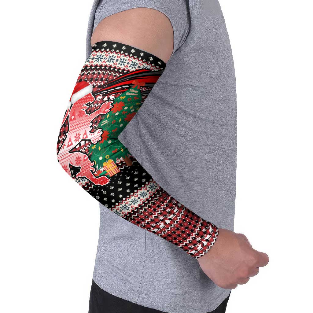 Latvia Christmas Arm Sleeves with Red Lion, Holiday Tree, and Nordic Pattern Design - Wonder Print Shop