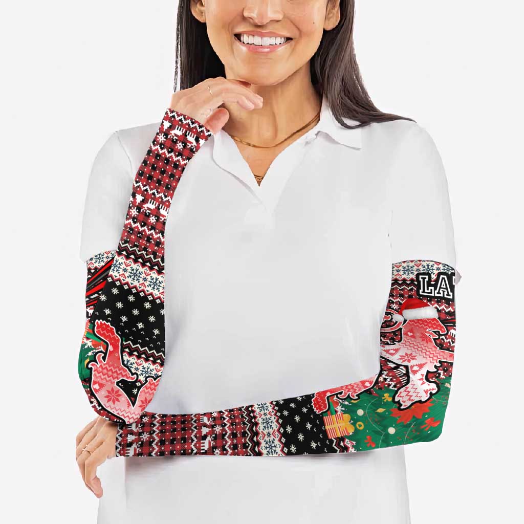 Latvia Christmas Arm Sleeves with Red Lion, Holiday Tree, and Nordic Pattern Design - Wonder Print Shop