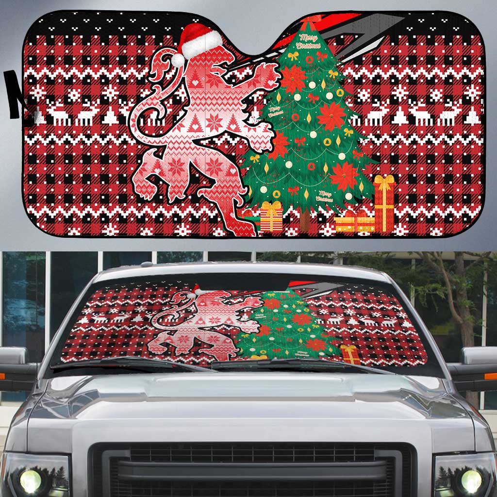Latvia Christmas Auto Sun Shade with Red Lion, Holiday Tree, and Nordic Pattern Design - Wonder Print Shop