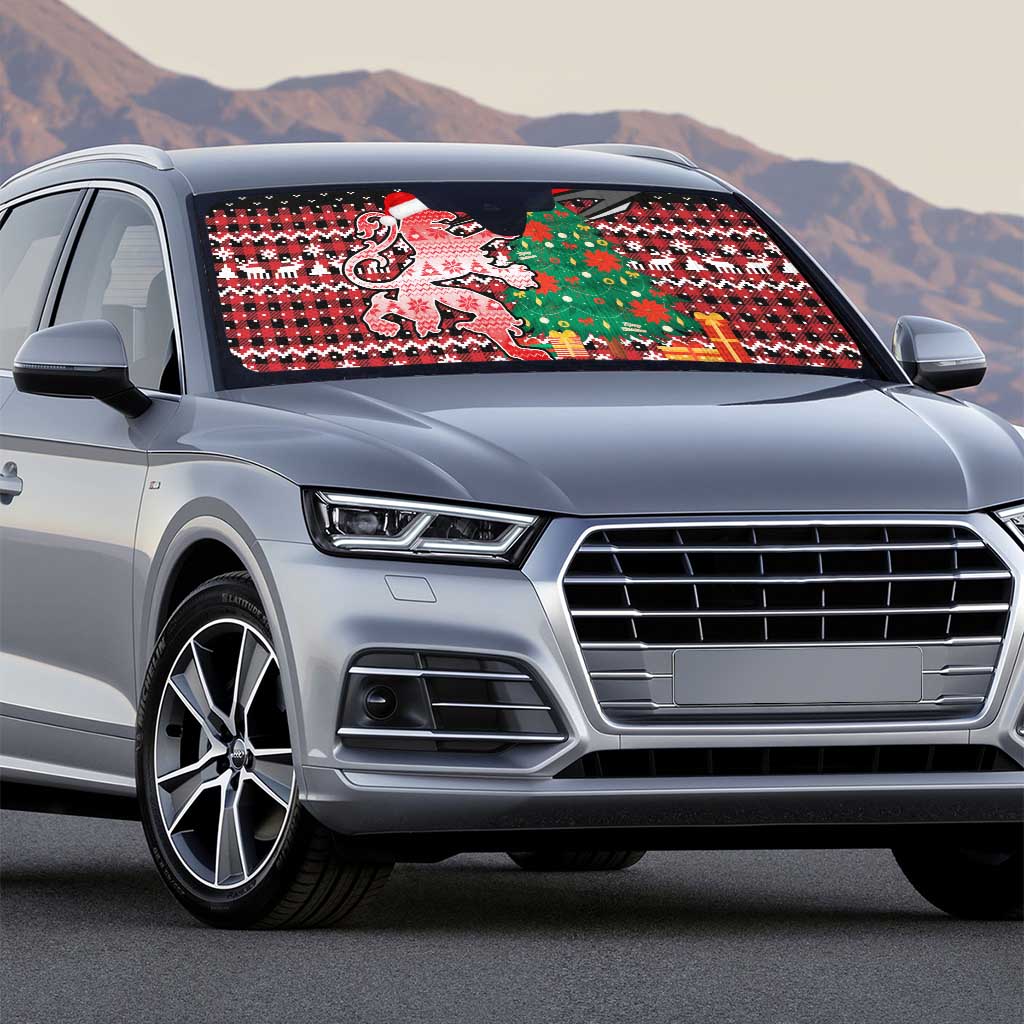 Latvia Christmas Auto Sun Shade with Red Lion, Holiday Tree, and Nordic Pattern Design - Wonder Print Shop