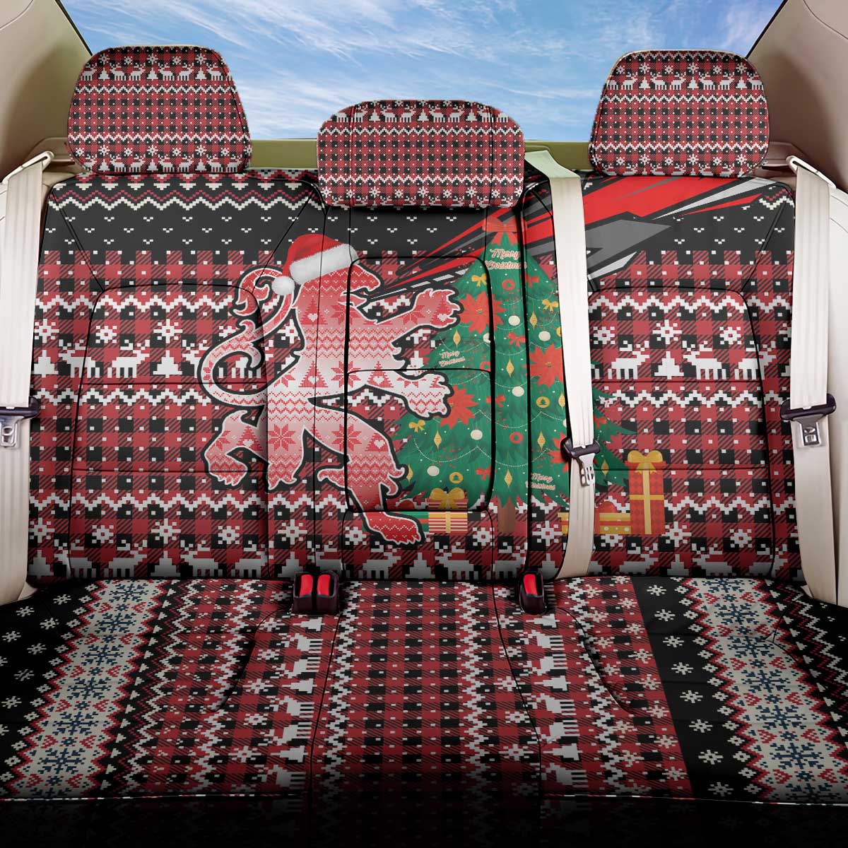 Latvia Christmas Back Car Seat Cover with Red Lion, Holiday Tree, and Nordic Pattern Design - Wonder Print Shop