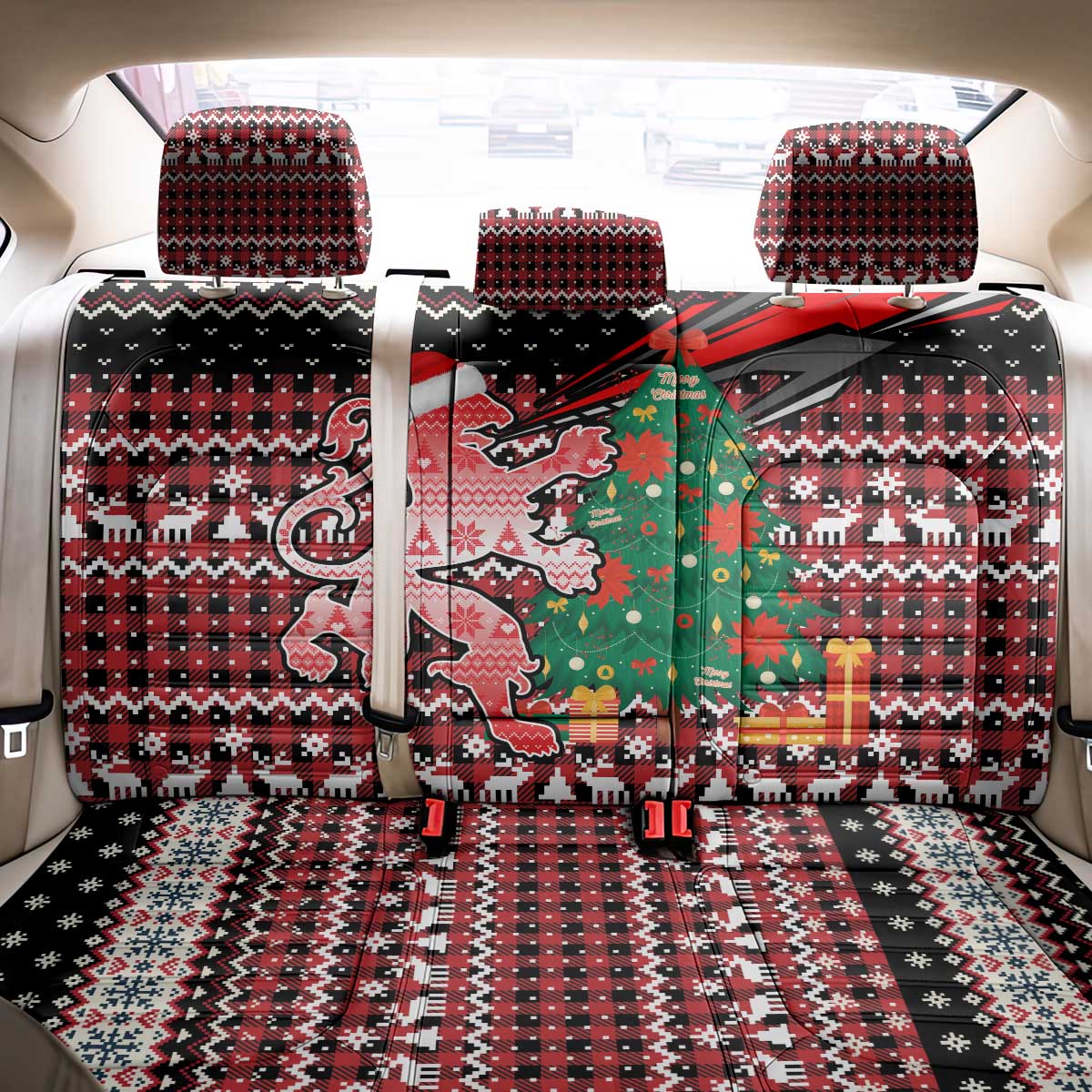 Latvia Christmas Back Car Seat Cover with Red Lion, Holiday Tree, and Nordic Pattern Design - Wonder Print Shop