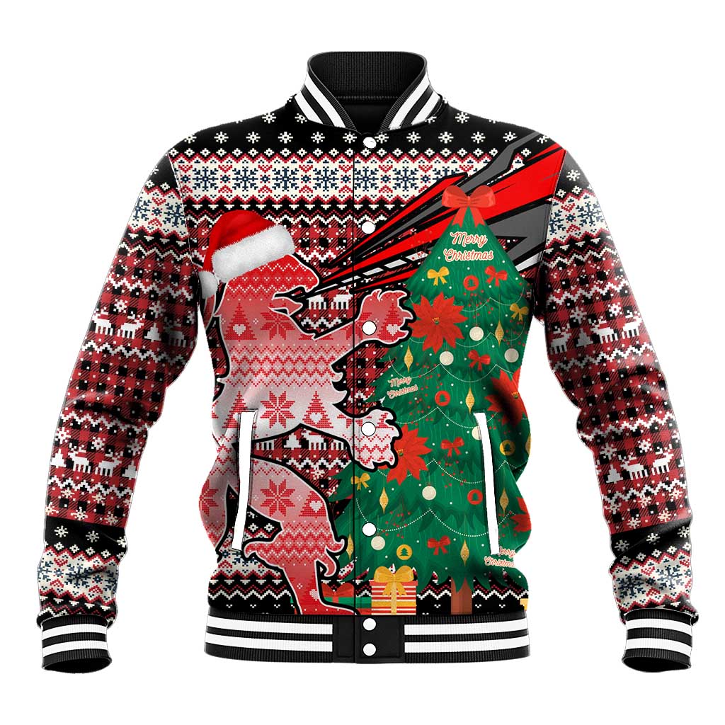 Latvia Christmas Baseball Jacket with Red Lion, Holiday Tree, and Nordic Pattern Design - Wonder Print Shop