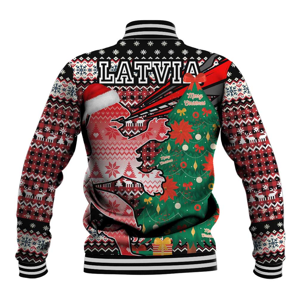 Latvia Christmas Baseball Jacket with Red Lion, Holiday Tree, and Nordic Pattern Design - Wonder Print Shop