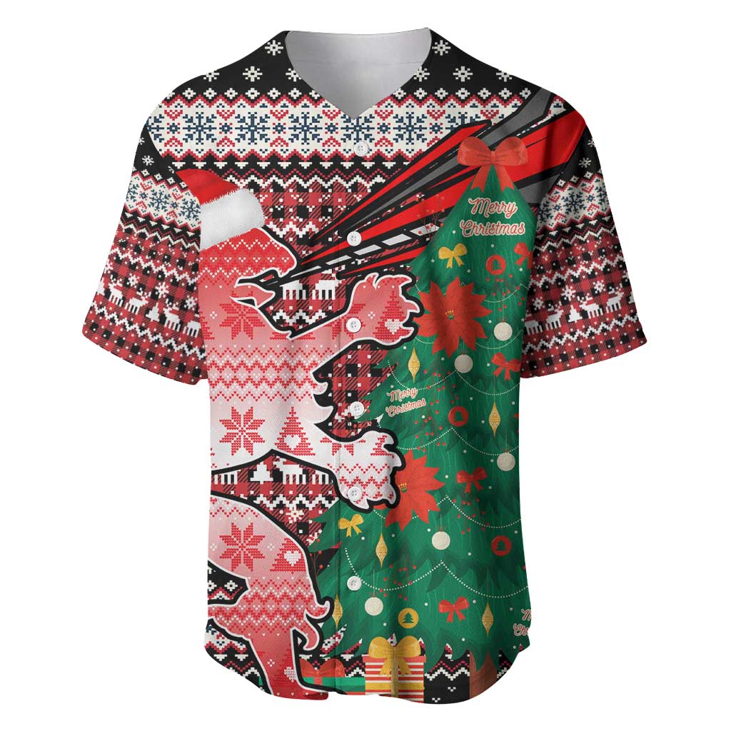 Latvia Christmas Baseball Jersey with Red Lion, Holiday Tree, and Nordic Pattern Design - Wonder Print Shop