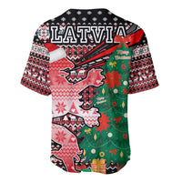Latvia Christmas Baseball Jersey with Red Lion, Holiday Tree, and Nordic Pattern Design - Wonder Print Shop