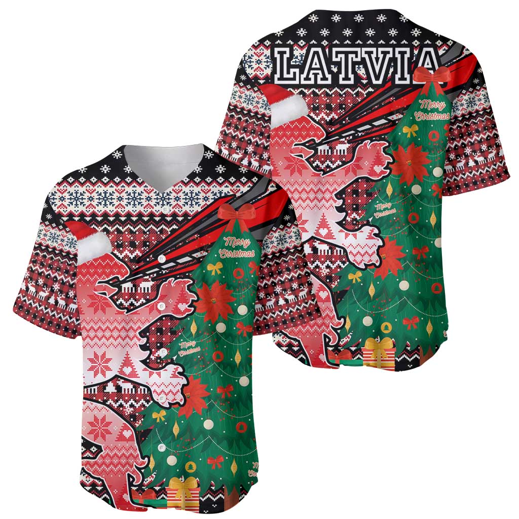 Latvia Christmas Baseball Jersey with Red Lion, Holiday Tree, and Nordic Pattern Design - Wonder Print Shop