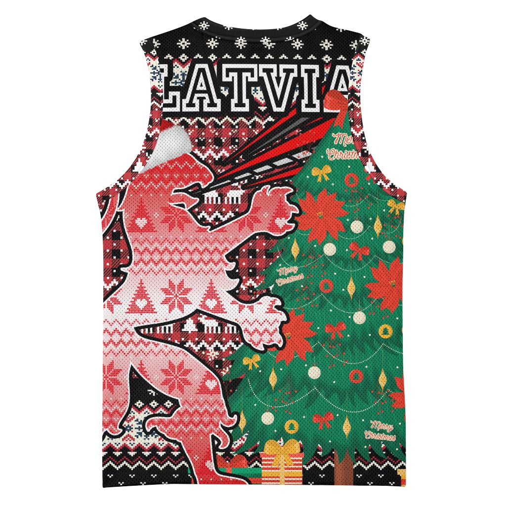 Latvia Christmas Basketball Jersey with Red Lion, Holiday Tree, and Nordic Pattern Design - Wonder Print Shop