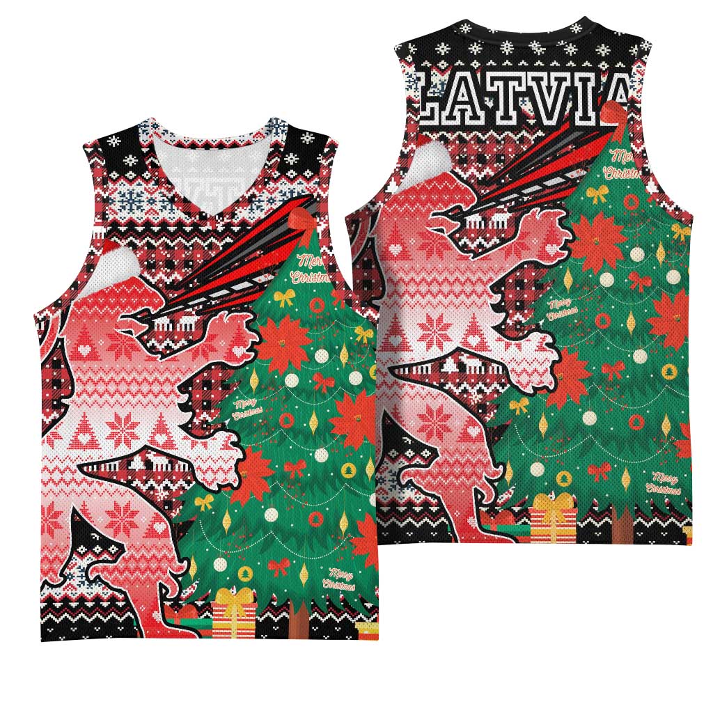 Latvia Christmas Basketball Jersey with Red Lion, Holiday Tree, and Nordic Pattern Design - Wonder Print Shop