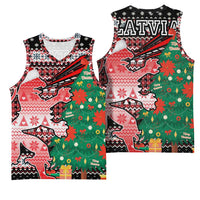 Latvia Christmas Basketball Jersey with Red Lion, Holiday Tree, and Nordic Pattern Design - Wonder Print Shop