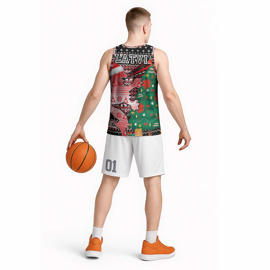 Latvia Christmas Basketball Jersey with Red Lion, Holiday Tree, and Nordic Pattern Design - Wonder Print Shop