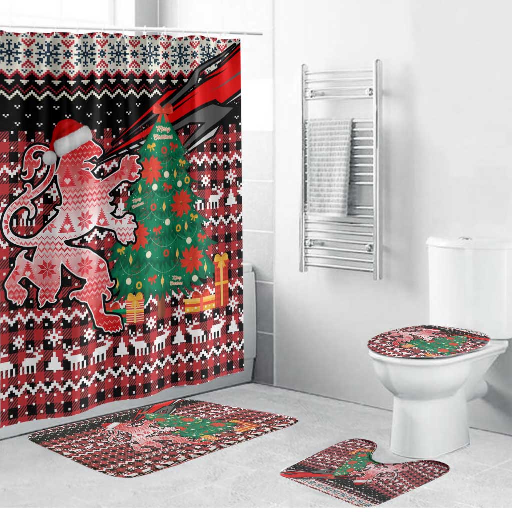 Latvia Christmas Bathroom Set with Red Lion, Holiday Tree, and Nordic Pattern Design - Wonder Print Shop
