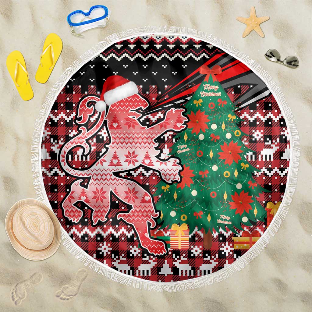 Latvia Christmas Beach Blanket with Red Lion, Holiday Tree, and Nordic Pattern Design - Wonder Print Shop