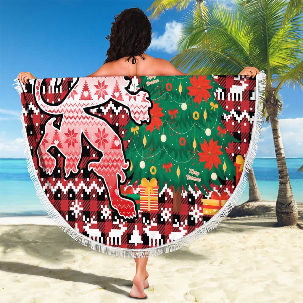 Latvia Christmas Beach Blanket with Red Lion, Holiday Tree, and Nordic Pattern Design - Wonder Print Shop