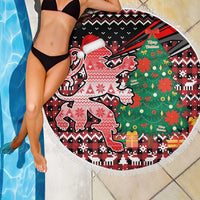 Latvia Christmas Beach Blanket with Red Lion, Holiday Tree, and Nordic Pattern Design - Wonder Print Shop