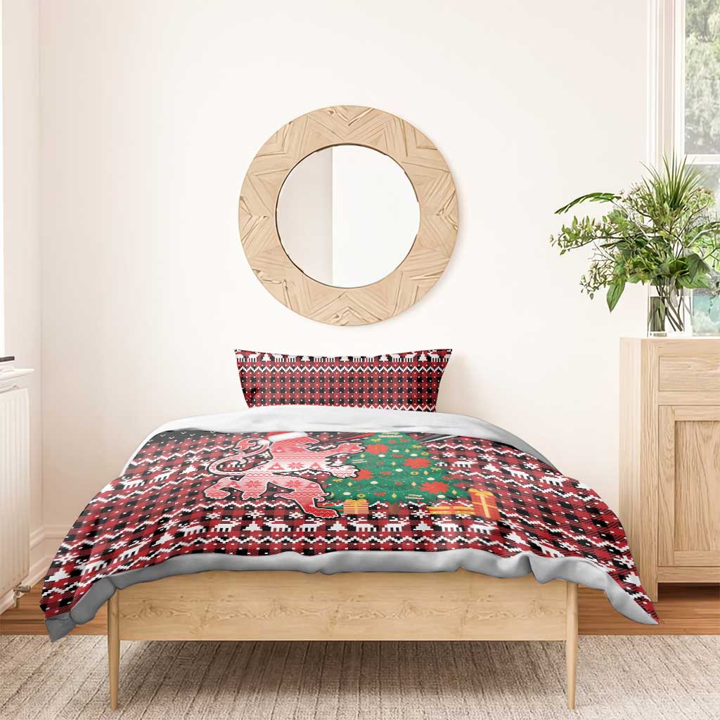 Latvia Christmas Bedding Set with Red Lion, Holiday Tree, and Nordic Pattern Design - Wonder Print Shop