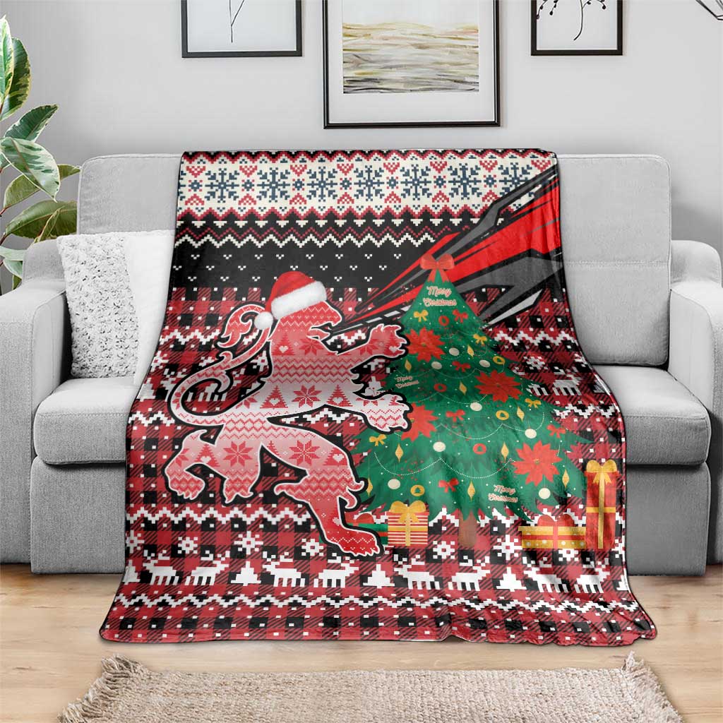 Latvia Christmas Blanket with Red Lion, Holiday Tree, and Nordic Pattern Design - Wonder Print Shop