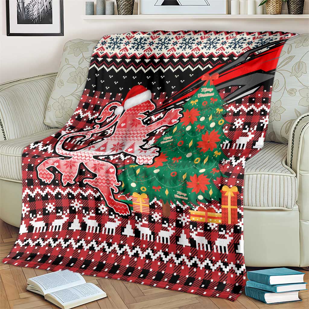 Latvia Christmas Blanket with Red Lion, Holiday Tree, and Nordic Pattern Design - Wonder Print Shop