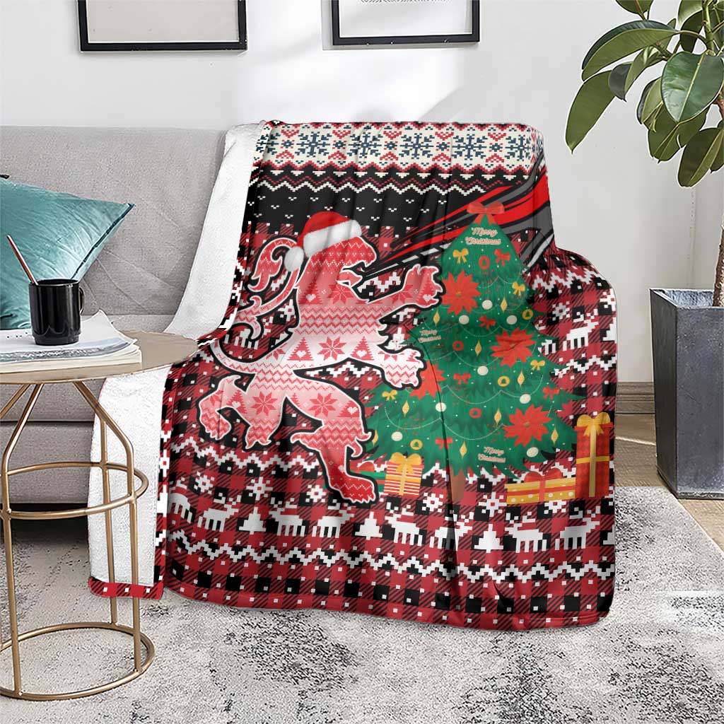 Latvia Christmas Blanket with Red Lion, Holiday Tree, and Nordic Pattern Design - Wonder Print Shop