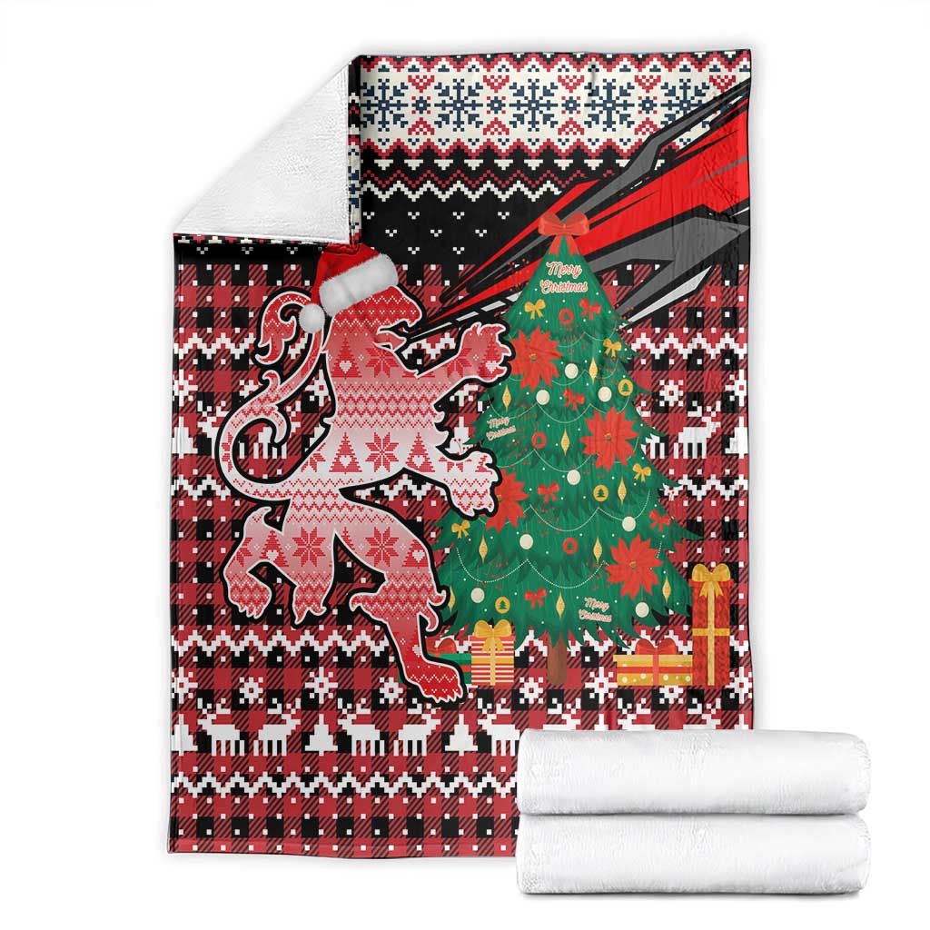 Latvia Christmas Blanket with Red Lion, Holiday Tree, and Nordic Pattern Design - Wonder Print Shop