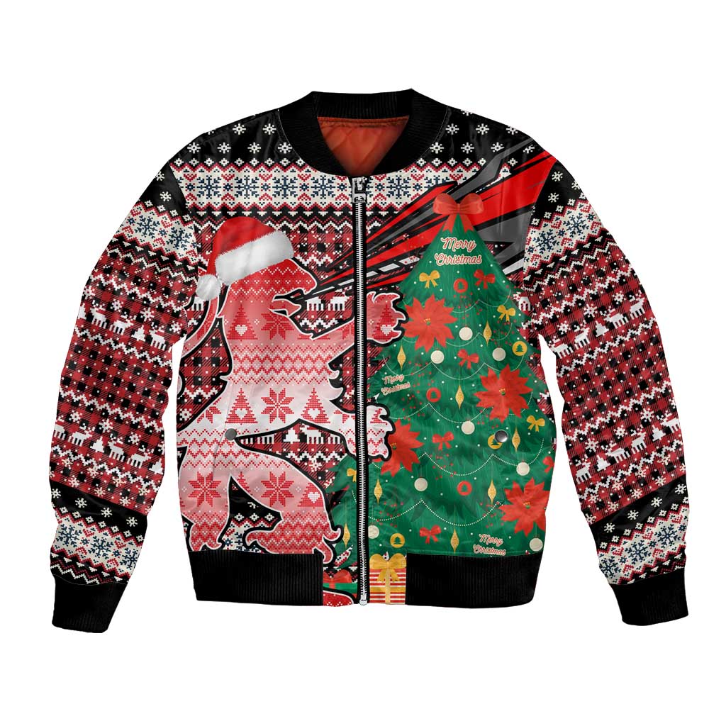 Latvia Christmas Bomber Jacket with Red Lion, Holiday Tree, and Nordic Pattern Design - Wonder Print Shop