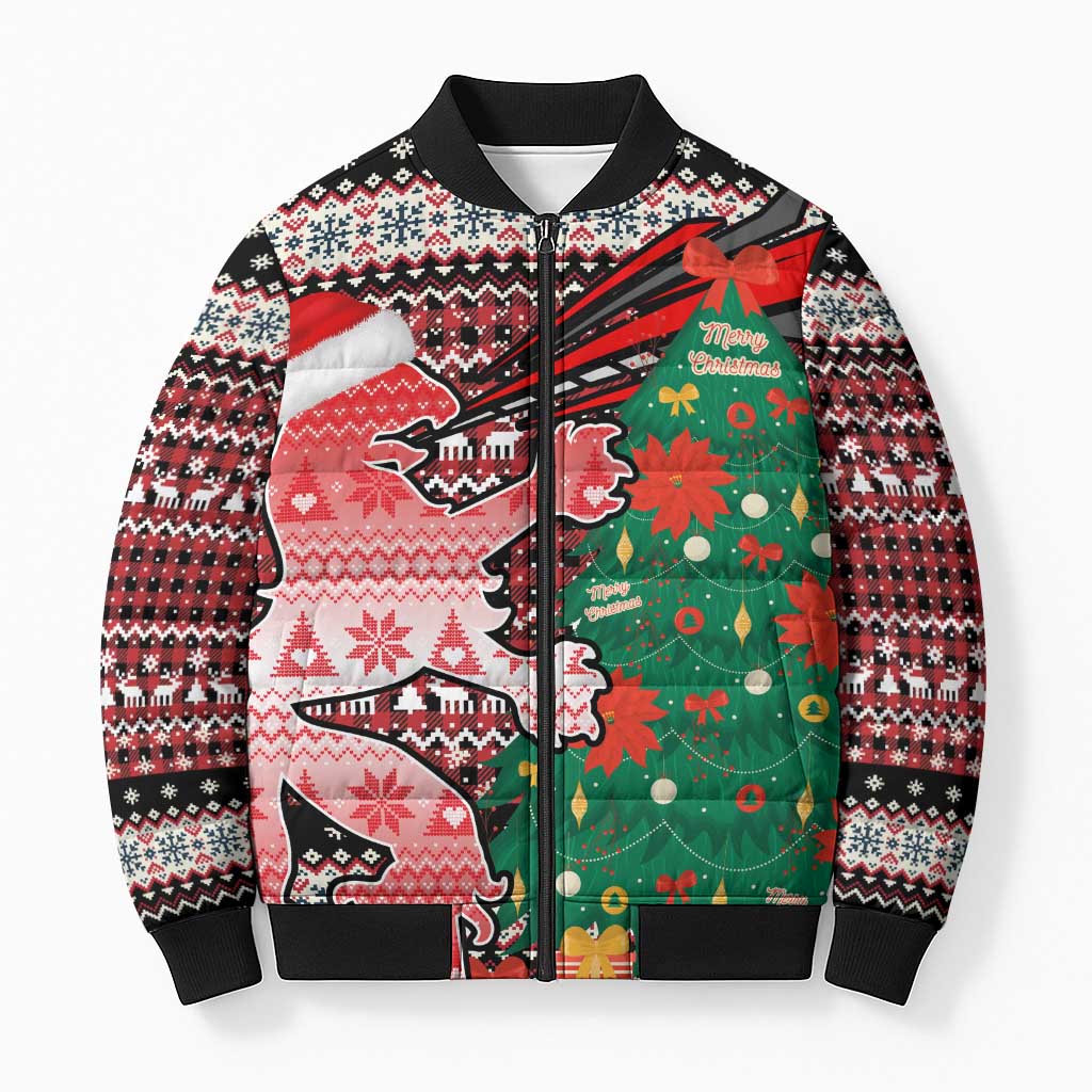 Latvia Christmas Bomber Puffer Jacket with Red Lion, Holiday Tree, and Nordic Pattern Design - Wonder Print Shop