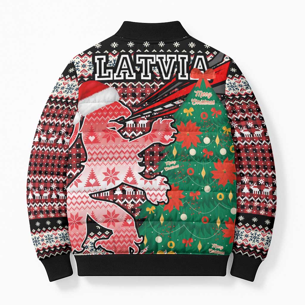 Latvia Christmas Bomber Puffer Jacket with Red Lion, Holiday Tree, and Nordic Pattern Design - Wonder Print Shop