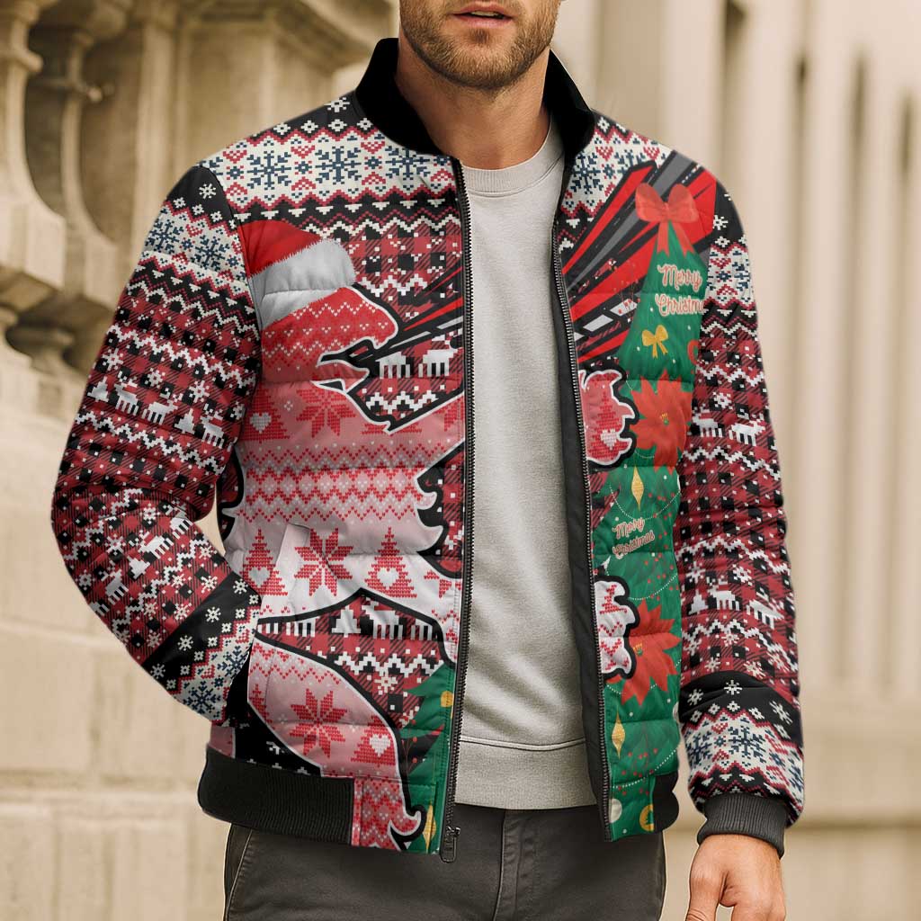 Latvia Christmas Bomber Puffer Jacket with Red Lion, Holiday Tree, and Nordic Pattern Design - Wonder Print Shop