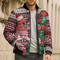 Latvia Christmas Bomber Puffer Jacket with Red Lion, Holiday Tree, and Nordic Pattern Design - Wonder Print Shop
