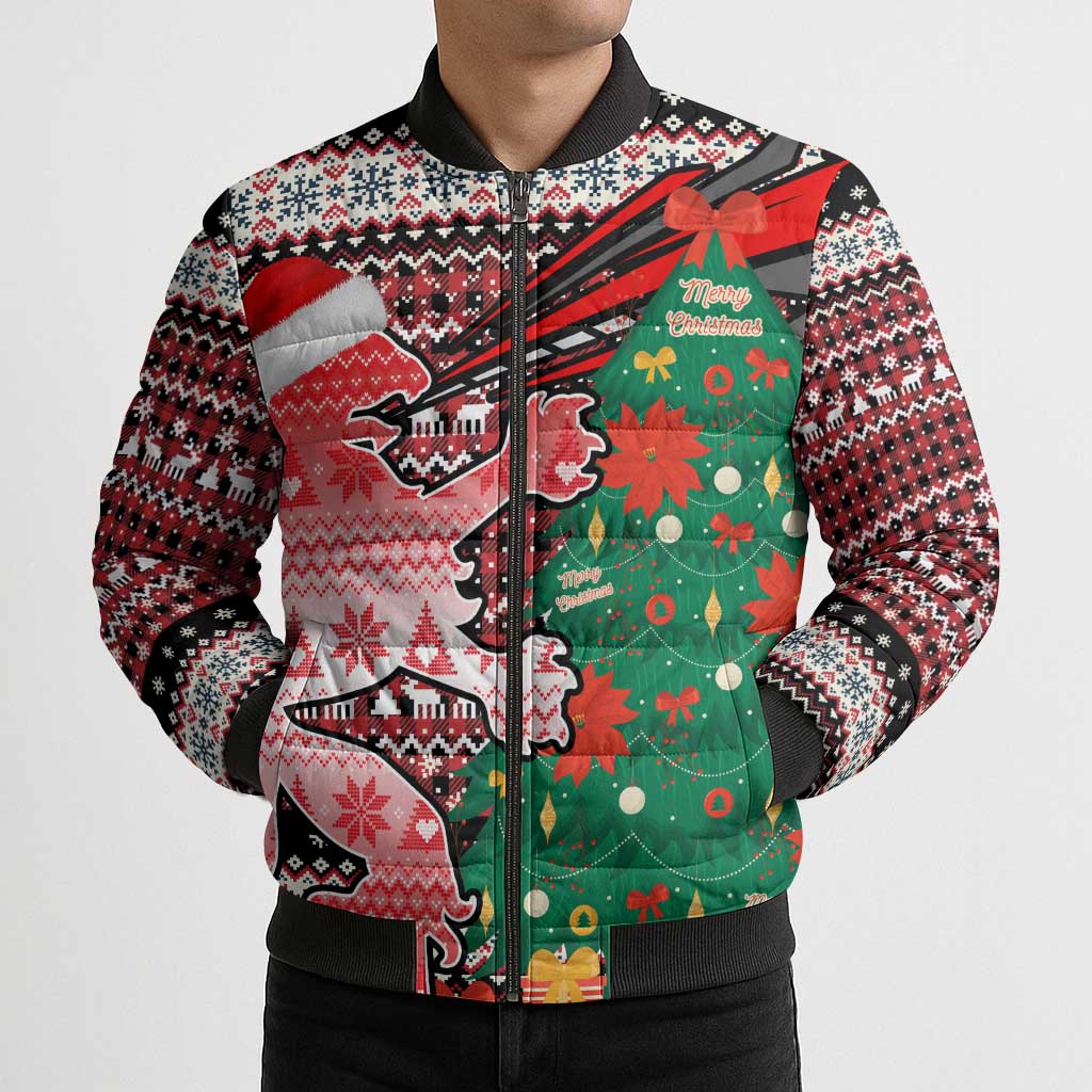 Latvia Christmas Bomber Puffer Jacket with Red Lion, Holiday Tree, and Nordic Pattern Design - Wonder Print Shop